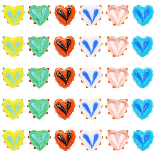 LEGENTLISUR 30 Stück Glasherzperlen Zur Schmuckherstellung Handgefertigt Lampwork Bunte Liebesherzperlen Stränge Für Armbänder Ohrringe Halsketten DIY Bastelset von LEGENTLISUR