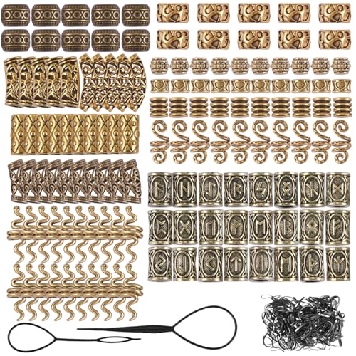 LEGENTLISUR 326 Stück Goldene Wikinger-Haar-Accessoires Dreadlock-Bartperlen Röhrenperlen Legierung Haarspiralmanschetten Haarschmuck für Zöpfe Accessoires Armbänder Anhänger Halskette DIY von LEGENTLISUR