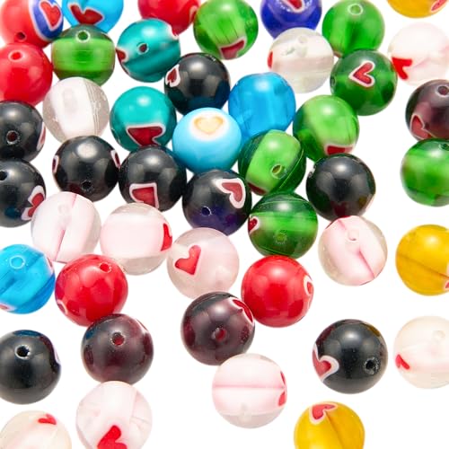 LEGENTLISUR 50 Stück Handgefertigte Glasperlen Zur Schmuckherstellung Bunte Lampwork Runde Herz Perlen Für Armbänder Halsketten Ohrringe DIY Herstellung (9.5~10mm) von LEGENTLISUR