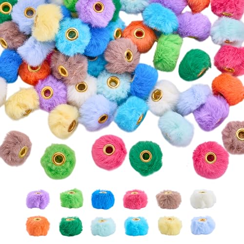 LEGENTLISUR 60 Stück Bunte Weiche Flauschige Pompon Perlen Mit Großem Loch Kunstfell Abstandshalter Perlen Großpackung Für DIY Ohrringe Schlüsselanhänger Kunsthandwerk Bastelzubehör von LEGENTLISUR