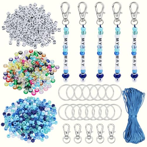 LEGENTLISUR Schlüsselanhänger Set Mit Ponyperlen DIY Verstellbare Buchstabenperlen Schnüre Schlüsselanhänger Bastelzubehör Für Partygeschenke (Blau) von LEGENTLISUR