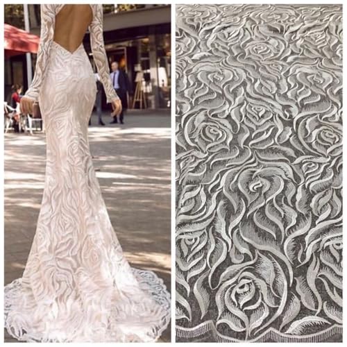129,5 cm breit, elfenbeinfarbenes Netz, Tüll, Netz, Blume, Hochzeit, Spitzenstoff, exquisite Braut-Stickerei, Spitzenbesatz, Stoffe für selbstgemachte Hochzeitskleider, Rock, Kleid, Vorhänge von LEIDE