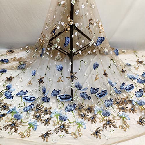 129.5 cm breiter, wunderschöner, floraler Stickerei-Spitzenstoff, brauner Netzstoff, Spitzenstoff mit marineblauen und braunen bestickten Blumen, Tüllspitze, Kleid, Heimdekoration (2 Years ard) von LEIDE