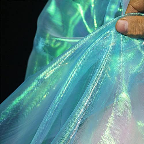 Schillernder holografischer Gaze-Stoff, magischer Regenbogen-Laser-Farbverlauf, Organza-Spitzenstoff für Hochzeitskleid, Vorhanghintergrund, Party-Dekoration, DIY-Zubehör, Seeblau von LEIDE