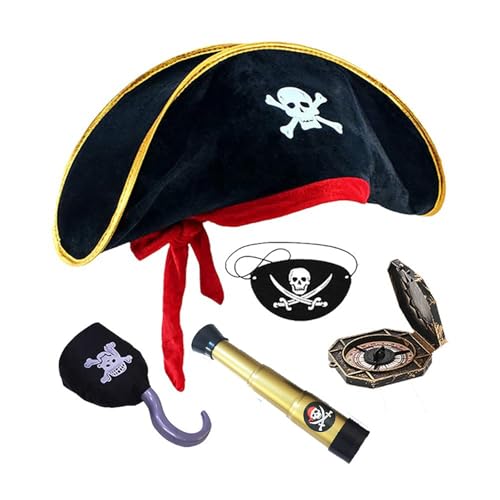 LEIDJGUN Piraten-Party-Kostüm-Set mit Augenbinde, Totenkopf-Druck, Hut, Karte für Kinder, Cosplay, Schmuck, Halloween-Themen-Zubehör von LEIDJGUN