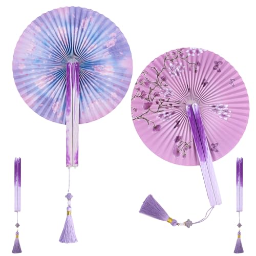 LEIMEND 2 Stück Handfächer Lila Blau Faltbare Fächer Chinesischer Handfächer klein Papierfächer mit Quaste Für Geburtstagsgeschenk Fotografie Wanddekoration Tischdekoration von LEIMEND