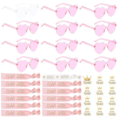 36 Stück JGA Brille Team Braut Haargummi Set: 12 Bride Partybrille Herz Sonnenbrille + 12 Bride Armbänder + 12 Bride Tattoo Aufkleber, Herz Sonnenbrille JGA Junggesellenabschied Accessories (Rosa) von LEKEFETO