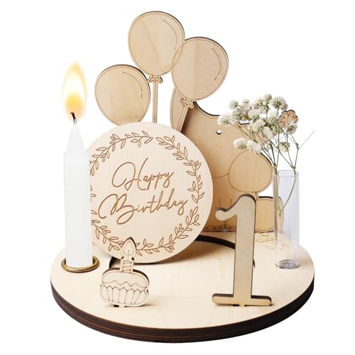LEKEFETO 1 Satz Geburtstagsteller aus Holz, Personalisierter Geburtstagskranz, mit Zahlen 0-9, Kerzenhalter, Luftballons, Elefanten, Getrocknete Blumen, Geburtstagsdeko für Kinder Geschenk(Deutsch) von LEKEFETO
