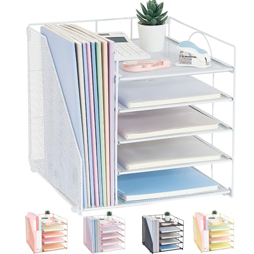 LEKETREE Schreibtisch-Organizer und Zubehör, 5-stöckige Papier-Briefablage mit Aktenhalter, Schreibtisch-Organizer für Bürobedarf, Büro-Schreibtischzubehör und Arbeitsplatz, Weiß von LEKETREE