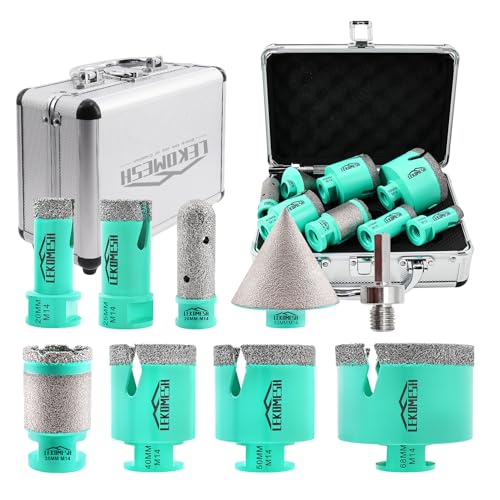 LEKOMESH Bohrkronen Set für Fliesen - 9stück(20/25/40/50/68mm+35mm Bohrer-Schleifstab+20mm Fingerfräser+50mm Fasenbohrer+Adapter) Diamantbohrer Fliesenbohrer Set Für Porzellan Keramik,M14 von LEKOMESH