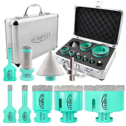 LEKOMESH Diamant Bohrkrone Kit - 9 Stück (6/8/10/35/50/68mm+20mm Bohren Fräsen+50mm Diamant Fasenfräser+Adapter) Diamant Lochsäge Für Porzellan Keramik Fliesen Marmor, Mintgrün von LEKOMESH