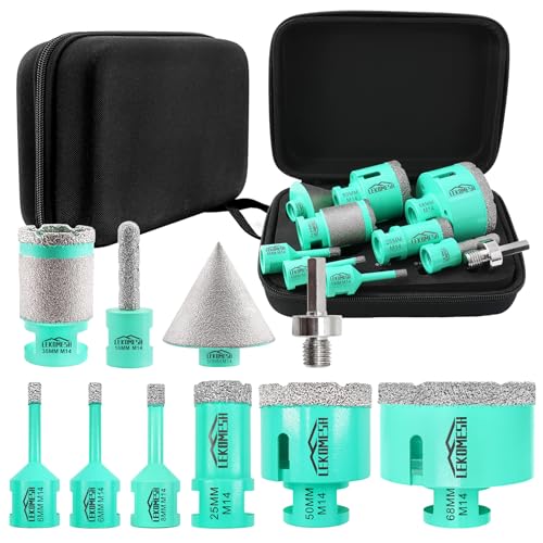 LEKOMESH Diamant Fliesenbohrer Bohrkrone Kit - 10pcs (6/6/8/25/50/68mm+10mm Diamant Fingerfräser+35mm Bohren Fräsen+50mm Fasenfräser+Adapter) Für Porzellan Keramik Fliesen Marmor Granit von LEKOMESH