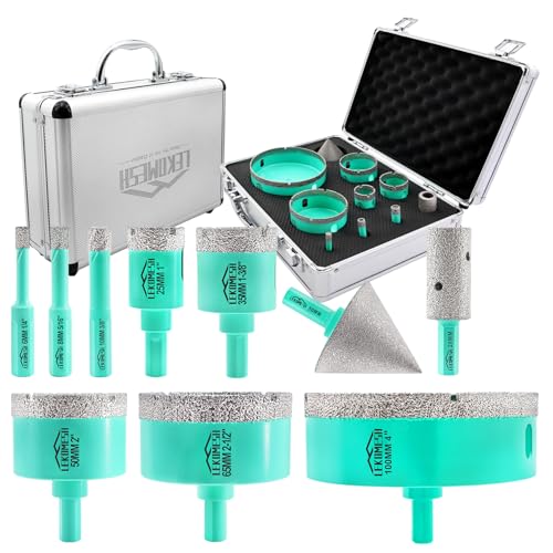 LEKOMESH Diamant Fliesenbohrer Bohrkrone Kit - 10stück (6/8/10/25/35/50/65/100mm+20mm Diamant Fingerfräser+50mm Fasenfräser) Lochsäge mit Dreieck Schaft Für Porzellan Keramik Fliesen Marmor Granit von LEKOMESH