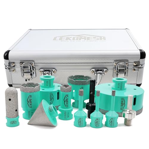 LEKOMESH Diamant Fliesenbohrer Bohrkrone Kit - 12pcs (6/6/8/20/35/50/68/100mm+20mm Diamant Fingerfräser+50mm Fasenfräser+SDS/HEX Adapter) Für Porzellan Keramik Fliesen Marmor Granit, M14-Gewinde von LEKOMESH