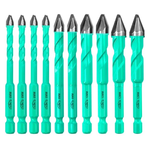 LEKOMESH Fliesenbohrer Glasbohrer Betonbohrer Set - 10 Stück 6mm*4+8mm*2+10mm*2+12mm*2 Hartmetallbohre für Holz, Kunststoff, Mauerwerk, Keramikfliesen, Marmor, Glas, Schnellwechsel-Sechskant-Schaft LEKOMESH Fliesenbohrer Glasbohrer Betonbohrer Set - 10 Stück 6mm*4+8mm*2+10mm*2+12mm*2 Hartmetallbohre für Holz, Kunststoff, Mauerwerk, Keramikfliesen, Marmor, Glas, Schnellwechsel-Sechskant-Schaft von LEKOMESH