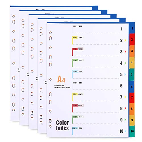10-teiliges Register/Trennblätter DIN A4, aus PP, Mehrfarbig Trennlaschen Nummer 1-10, 5 Stück 10-teiliges Register/Trennblätter DIN A4, aus PP, Mehrfarbig Trennlaschen Nummer 1-10, 5 Stück von LELADY JEWELRY