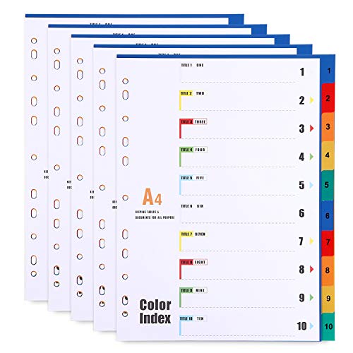 10-teiliges Register/Trennblätter DIN A4, aus PP, Mehrfarbig Trennlaschen Nummer 1-10, 5 Stück von LELADY JEWELRY
