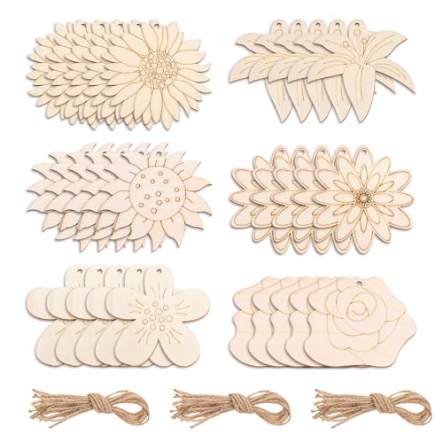LELE LIFE 30 Stück unlackiertes Holzhandwerk zum Bemalen, 6 Stile, Holzornamente, hängende Holzausschnitte, Rosenlilie, Sonnenblume, Chrysantheme, Pfirsichblüte, Form, DIY, Basteln, Blume LELE LIFE 30 Stück unlackiertes Holzhandwerk zum Bemalen, 6 Stile, Holzornamente, hängende Holzausschnitte, Rosenlilie, Sonnenblume, Chrysantheme, Pfirsichblüte, Form, DIY, Basteln, Blume von LELE LIFE