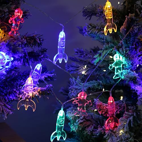 LELYFIT Lichterkette Innen, Lichterkette Außen Batterie, 3.0M 20 LED Astronaut Raumschiff Rakete Lichterkette Kinderzimmer, LED Rakete Anhänger Lichterkette Für Garten, Terrasse, Bäume, Party Deko von LELYFIT