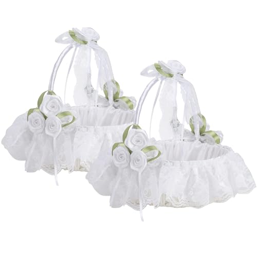 2 STÜCK Blumenmädchen-Korb für die Hochzeit, Weißer Satin mit Spitzen-Kunstblumen, Romantischer Hochzeits-Partykorb mit Herunterklappbarem Griff, Fariy-Hochzeitskörbe mit Großem(2 STÜCK) von LEMCC