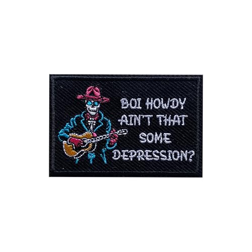 LEMEPINZ Boi Aufnäher mit Aufschrift "Howdy Ain't That Some Depression", Größe 7,6 cm, Skelett-Gitarre, Stickerei-Flicken für Hüte, Kleidung, Rucksäcke, Jeans, DIY Aufnäher, Stoffflicken von LEMEPINZ