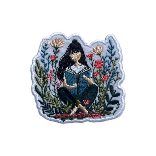 LEMEPINZ Bookish Girl Flower Patch, Größe 7,6 cm, zum Aufbügeln, Buchliebhaber, Stickerei-Flicken für Hüte, Kleidung, Rucksäcke, Jeans, DIY Aufnäher zum Aufnähen, Stoffflicken, Buchlese-Flicken, von LEMEPINZ