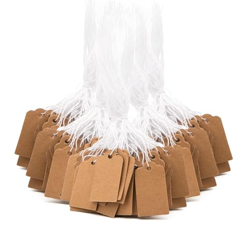 200 Stück Anhänger Etiketten, 25 x 15mm Kraftpapier Preis Anhänger Preisschilder Handmade Hängeetiketten mit Elastischer Schnur Anhänger für Schmuck Kleidung Geschenke(Braun) von LEMLIN