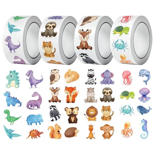 2000 Stück Tiere Sticker Rolle, Runde Cartoon Dino Sticker, 4 Themen Reward Aufkleber Tiere, Kinder Tier Aufkleber für Lehrerpreis Motivation Aufkleber Laptop von LEMLIN