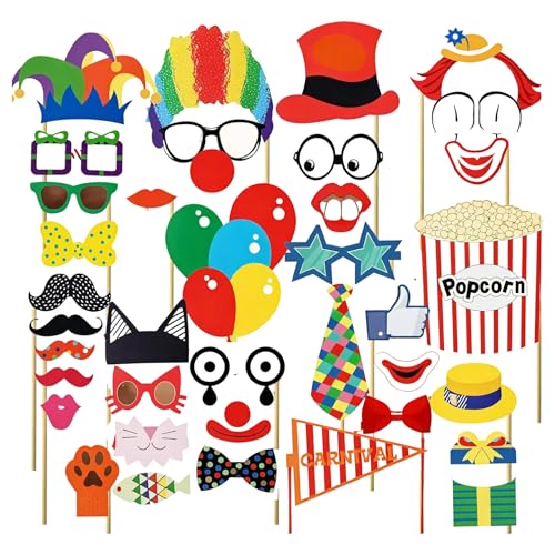 36-teiliges Zirkus Deko-Set für Karneval & Party – Inkl. Foto Requisiten, Masken, Hüte, Brillen & Schnurrbärte – Perfekte Zirkus Dekoration für Geburtstag, Karneval & Photo Booth 36-teiliges Zirkus Deko-Set für Karneval & Party – Inkl. Foto Requisiten, Masken, Hüte, Brillen & Schnurrbärte – Perfekte Zirkus Dekoration für Geburtstag, Karneval & Photo Booth von LEMLIN