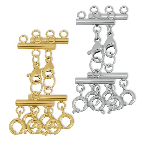 4 Stück Ketten Layering Verschluss, Gold und Silber 3 Stränge Federverschluss Separator, DIY Mehrsträngige Schmuck Kette Verschluss Stapelbare, Geschichtete Armbänder Halskettenverbinder von LEMLIN