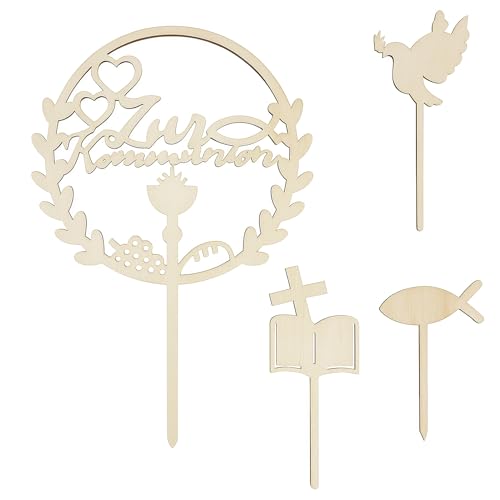 Cake Topper Konfirmation,4 Stück Holz-Tortendeko mit Taube und Fisch Motiv,Tortenstecker für Erstkommunion und Konfirmation,Christliche Kuchen-Deko für Jungen/Mädchen von LEMLIN