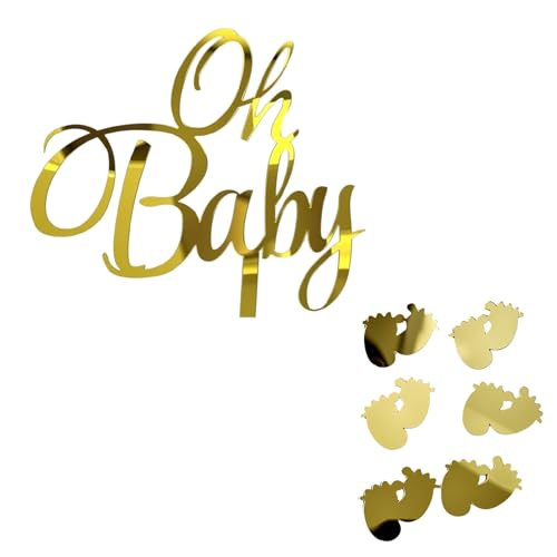 Oh Baby Cake Topper,7 Stück für Babyparty und Gender Reveal,Goldene Acryl Tortendeko mit Fußabdrücken,Ideal für Baby Shower,Windeltorte und Taufe,Inkl. Kuchenstecker (Junge/Mädchen) von LEMLIN