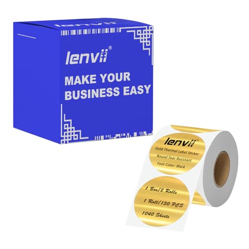LENVII 50x50mm Goldene Rundetiketten | Thermoetiketten Schwarz Schrift | 8 Rollen x130 Blatt (1040 Stk.) | Reißfest, Wasserdicht & Öl/Hitzebeständig | Universal-Aufkleber Für Haushalt, Büro & Schule von LENVII