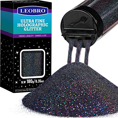 180 g holografischer ultrafeiner Glitzer, 1/128 Zoll Harz-Glitzerpulver Pailletten Flocken, Haar Gesicht Körper Nagel LEOBRO Metallic Schillernd für Tumbler Kunst Handwerk, Schwarz 180 g holografischer ultrafeiner Glitzer, 1/128 Zoll Harz-Glitzerpulver Pailletten Flocken, Haar Gesicht Körper Nagel LEOBRO Metallic Schillernd für Tumbler Kunst Handwerk, Schwarz von LEOBRO