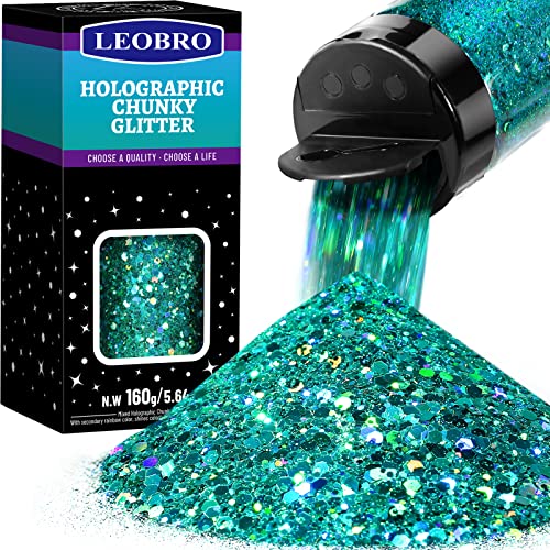 LEOBRO Holografischer klobiger Glitzer, 160 g, Bastelglitzer für Harz, Festival, Kosmetik, Chunck, Glitzerflocken, Pailletten, Pfauenblau, klobiger Glitzer für Körper, Gesicht, Handwerk usw LEOBRO Holografischer klobiger Glitzer, 160 g, Bastelglitzer für Harz, Festival, Kosmetik, Chunck, Glitzerflocken, Pailletten, Pfauenblau, klobiger Glitzer für Körper, Gesicht, Handwerk usw von LEOBRO