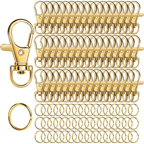 LEOBRO 100 x Karabinerverschlüsse und Schlüsselanhänger, 50 x Schlüsselanhänger-Clips und 50 x Schlüsselanhänger für Schlüsselanhänger, Schlüssel, Schmuckherstellung, Kunsthandwerk, Gold von LEOBRO