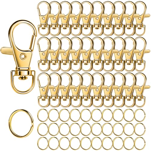 LEOBRO 60 x Karabinerverschlüsse und Schlüsselanhänger, 30 x Schlüsselanhänger-Clips und 30 x Schlüsselanhänger für Schlüsselanhänger, Schlüssel, Schmuckherstellung, Kunsthandwerk, Gold von LEOBRO