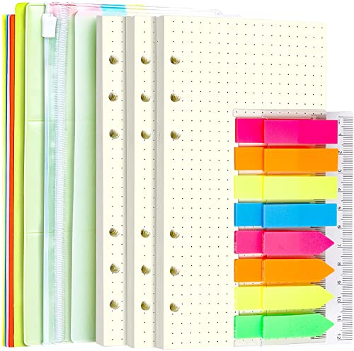 LEOBRO A6 Papier, 6 Löcher Nachfüllpapier Gepunktet 135 Blätter, Mit Register, 320 Stück Haftstreifen, 2 PCS Binder Taschen, Ringbuch Nachfüllpapier für Personal Organizer, Loseblatt Notizbuch von LEOBRO