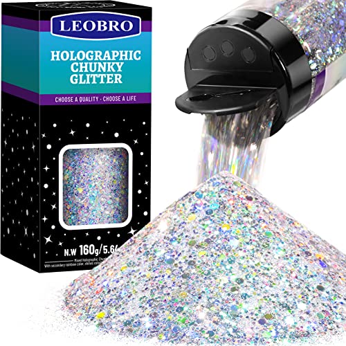 LEOBRO Holografischer Silber Glitzer, Klobig Glitzer, 160 G/5,64 Oz, Glitzer Basteln von LEOBRO