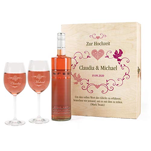 Leonardo Edles Weinset Geschenk zur Hochzeit mit BREE Rosé Wein, Leonardo Weingläsern u. persönlicher Gravur von LEONARDO HOME