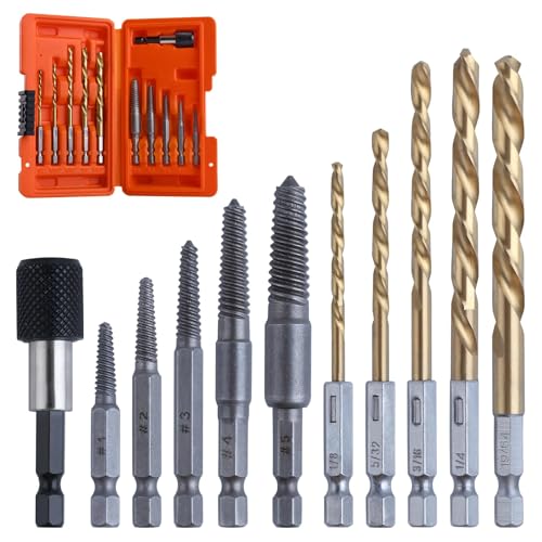 LEONTOOL 11-teiliges Easy Out Schraubenausdreher-Set, Titanbeschichtung Linksbohrer und Bolzenausdreher-Kit mit 1/4" Adapter für verrostete, abgerundete, beschädigte Mutternschrauben LEONTOOL 11-teiliges Easy Out Schraubenausdreher-Set, Titanbeschichtung Linksbohrer und Bolzenausdreher-Kit mit 1/4" Adapter für verrostete, abgerundete, beschädigte Mutternschrauben von LEONTOOL