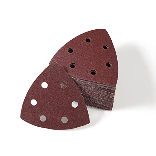 LEONTOOL Dreieckige Schleifscheiben, 8,9 cm, Klett-Schleifscheibe, 6 Löcher, Detailschleifpapier, 120er-Körnung, Schleifblätter für Holz und Metall, 50 Stück von LEONTOOL