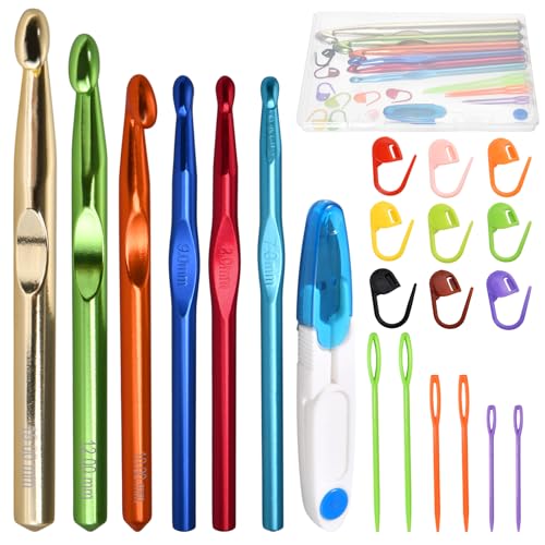 LEONTOOL Häkelnadel-Set, 6 Größen, Aluminiumoxid, Häkelnadeln, Stricknadeln, 7 mm, 8 mm, 9 mm, 10 mm, 12 mm, 15 mm, mit Maschenmarkierern und stumpfen Nadeln mit großem Öhr zum Stricken von Decken von LEONTOOL