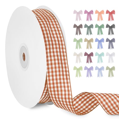 LERAETI Geschenkband Orangerot Karoband 25mm x 45m zum Verzieren & Basteln, Kariertes Band Breites Schleifenband, Dekoband für DIY Bastelkuchen, Strauß Dekoration, Geschenkverpackung, Haarschleife von LEREATI