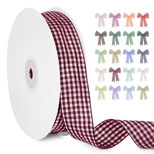 LERAETI Geschenkband Weinrot Karoband 25mm x 45m zum Verzieren & Basteln, Kariertes Band Breites Schleifenband, Dekoband für DIY Bastelkuchen, Strauß Dekoration, Geschenkverpackung, Haarschleife von LEREATI