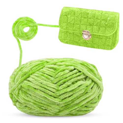 LEREATI 100g Chenille Wolle zum Häkeln Samt Wolle Weich Chenille Garn Fluffy Häkelgarn, Dicke Velvet Wolle zum Stricken & Häkeln Decke, Tasche, Socke, Mütze, Schal (Grasgrün) von LEREATI