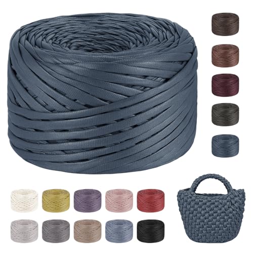 LEREATI 200g/90m Textilgarn zum Häkeln für Körbe, Einseitiger Leder-Look Tshirt Garn zum Häkeln & Stricken, T-shirt Garn Bändchengarn Häkelgarn für Taschen Teppiche DIY Deko (Denim Blau) von LEREATI