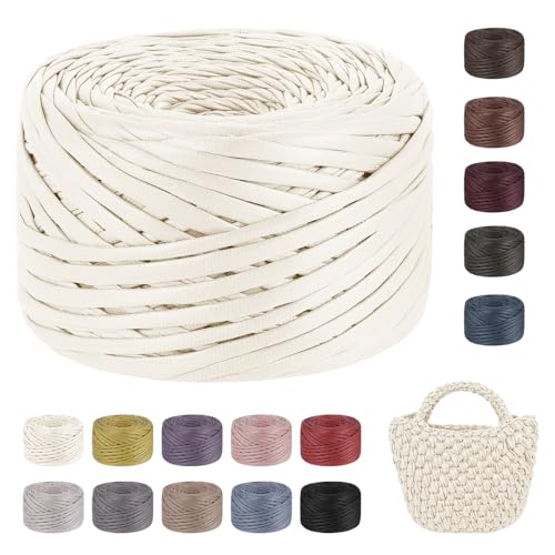 LEREATI 200g/90m Textilgarn zum Häkeln für Körbe, Einseitiger Leder-Look Tshirt Garn zum Häkeln & Stricken, T-shirt Garn Bändchengarn Häkelgarn für Taschen Teppiche DIY Deko (Elfenbeinweiß) von LEREATI