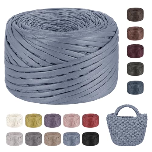 LEREATI 200g/90m Textilgarn zum Häkeln für Körbe, Einseitiger Leder-Look Tshirt Garn zum Häkeln & Stricken, T-shirt Garn Bändchengarn Häkelgarn für Taschen Teppiche DIY Deko (Haze Blau) von LEREATI