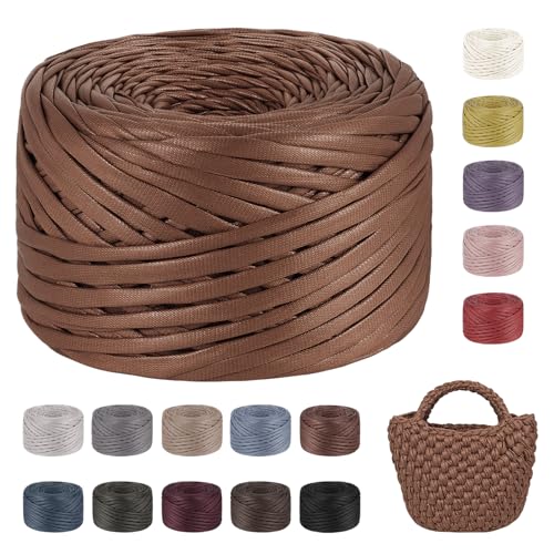 LEREATI 200g/90m Textilgarn zum Häkeln für Körbe, Einseitiger Leder-Look Tshirt Garn zum Häkeln & Stricken, T-shirt Garn Bändchengarn Häkelgarn für Taschen Teppiche DIY Deko (Hellbraun) von LEREATI